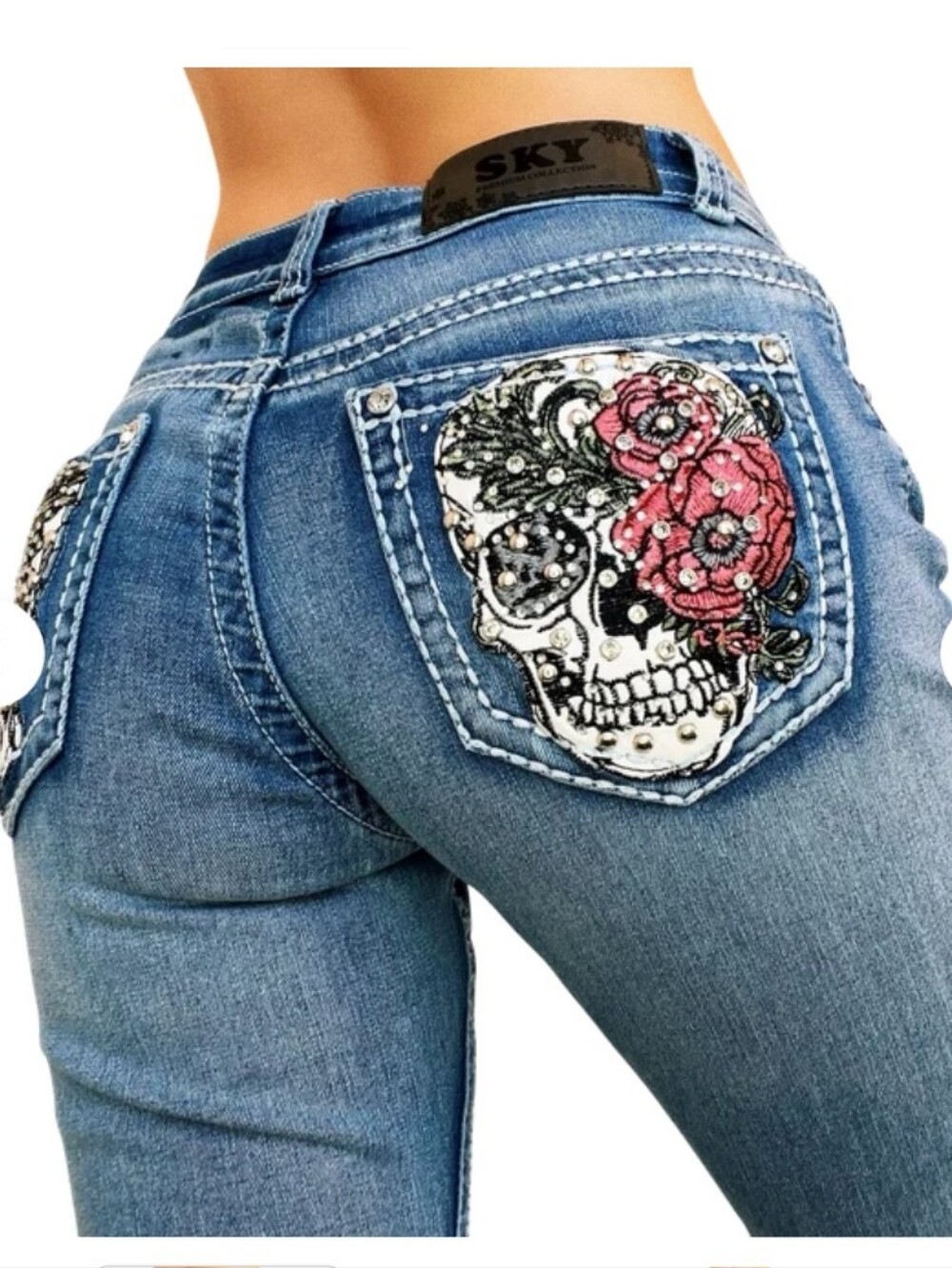 Sky Rhinestone Skull Jeans 